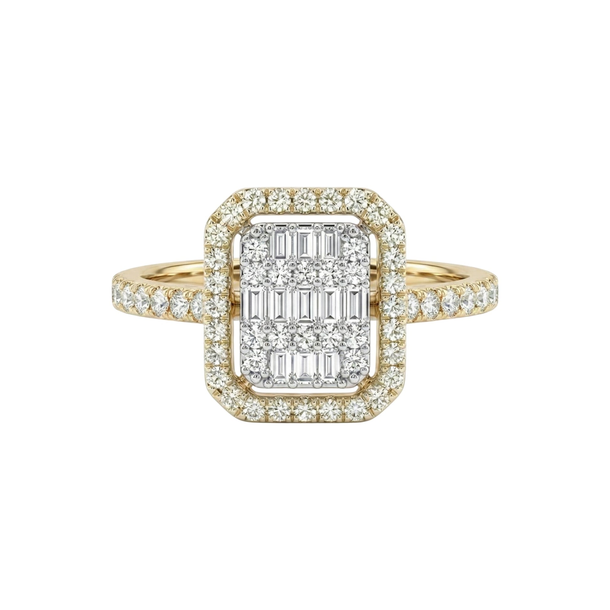 Gold ring with diamond accents on a white background