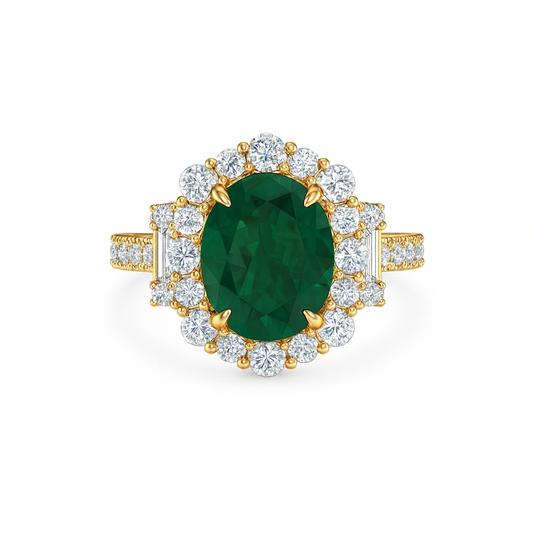 Gold ring with a green gemstone and diamond accents on a white background