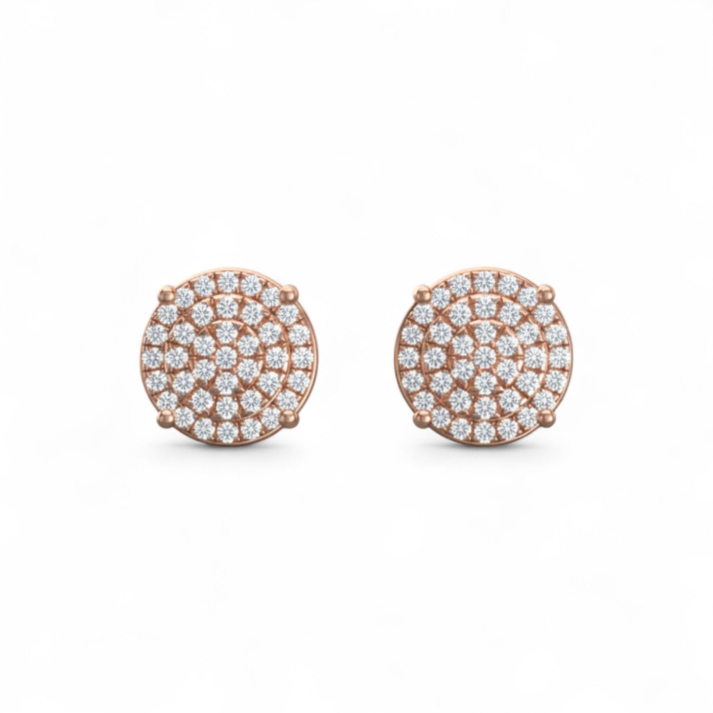Rose gold earrings with diamond accents on a white background