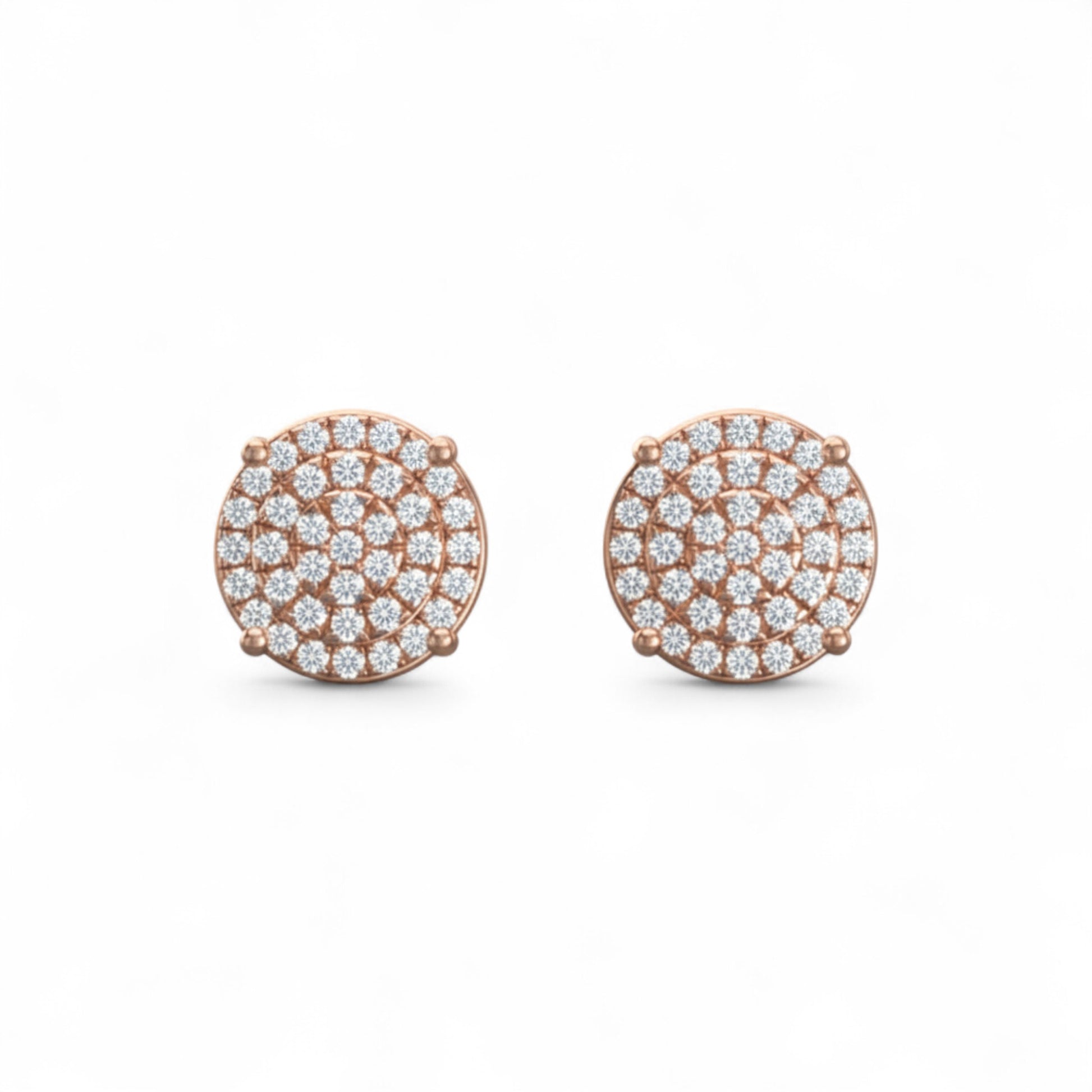 Rose gold earrings with diamond accents on a white background