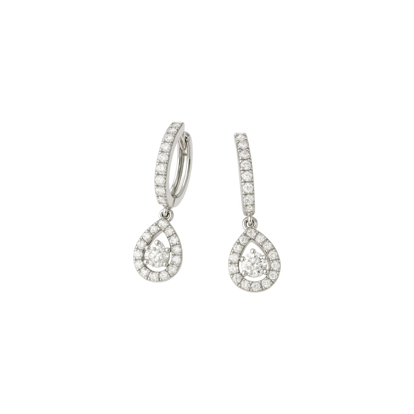 Pair of diamond teardrop earrings on a white background