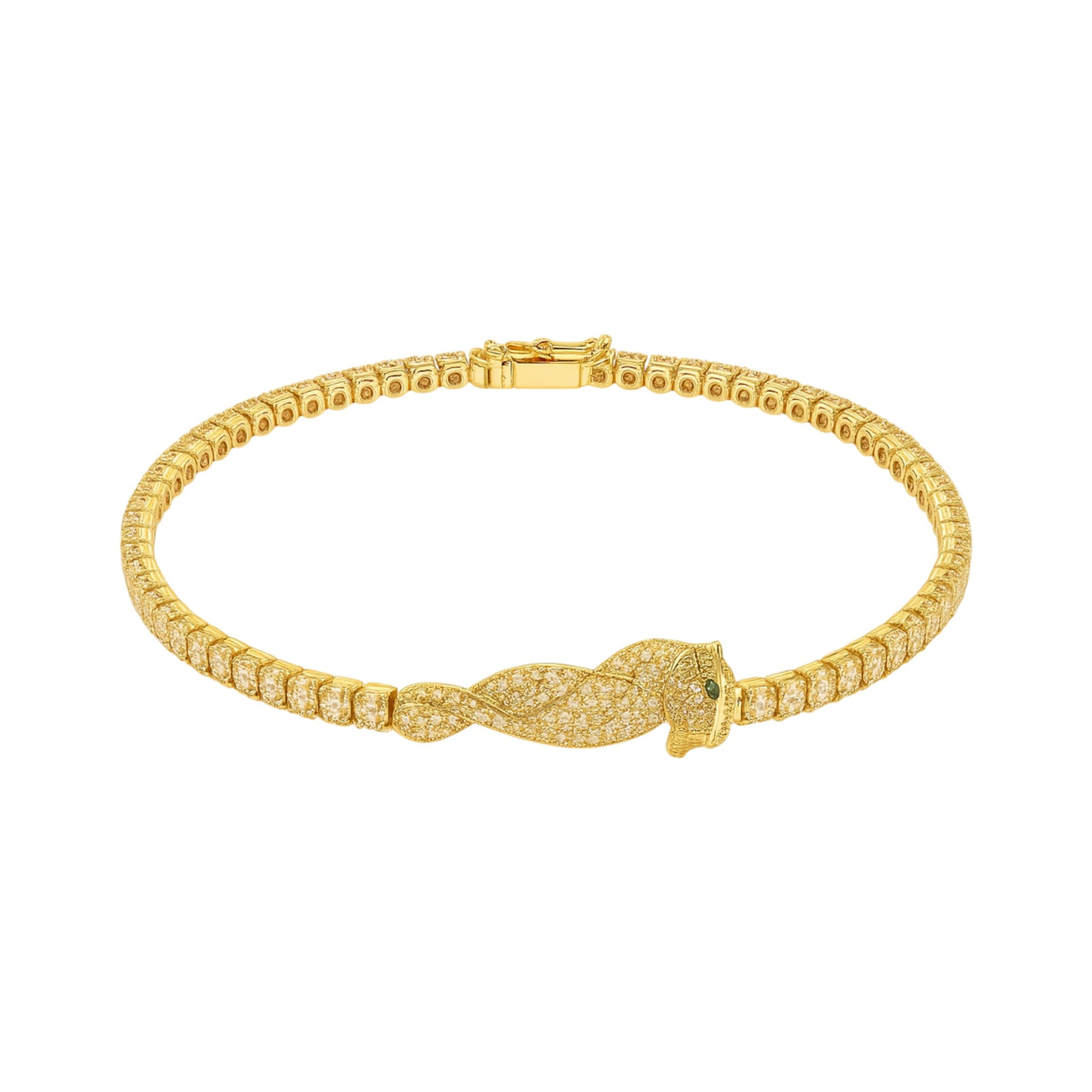 Gold bracelet with intricate design on a white background