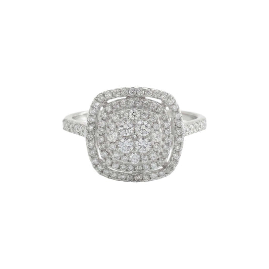 Venus Cushion Cut Diamond engagement ring in 18KT gold with double halo pavé diamonds and slender diamond band