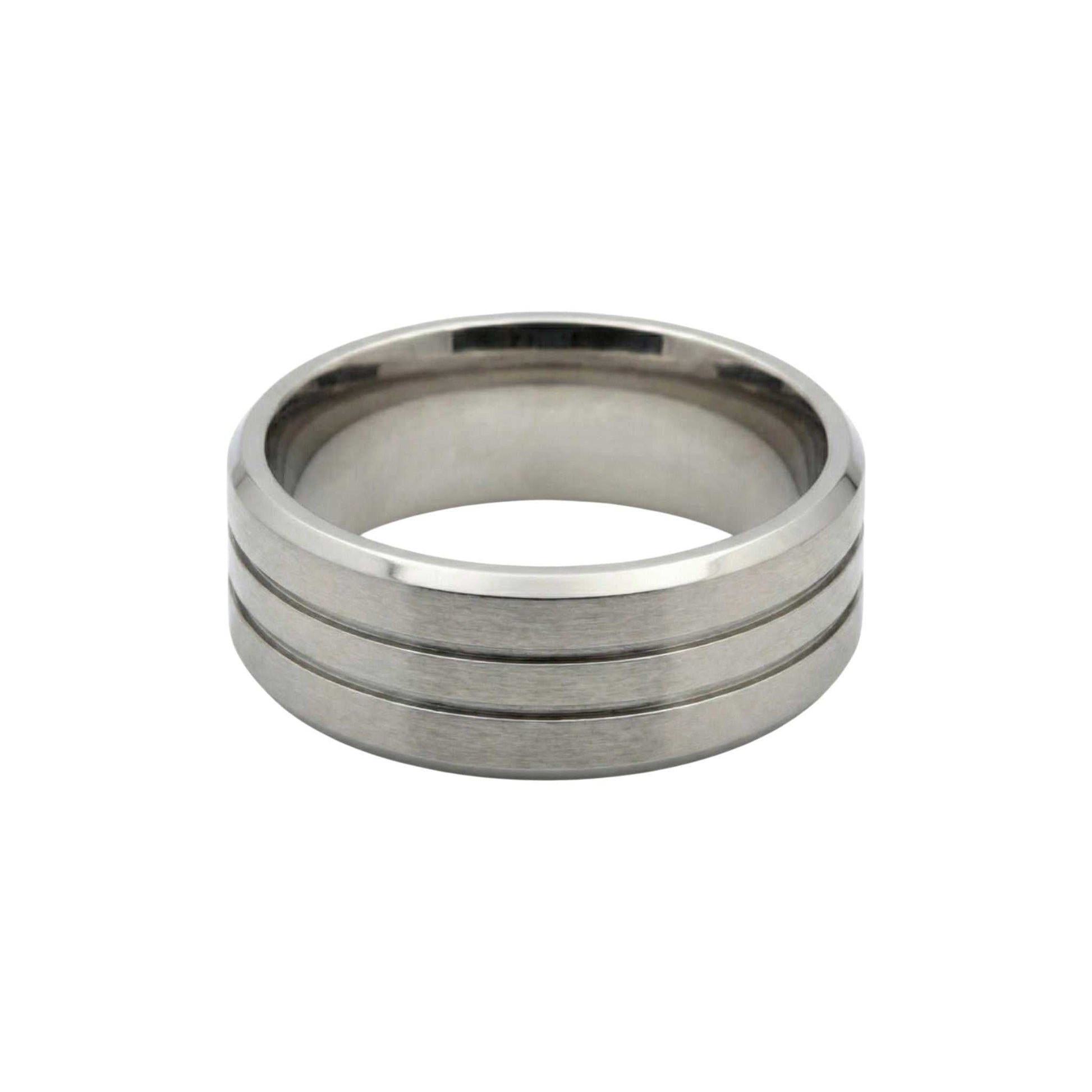 silver titanium ring with midline grooves lightweight durable band