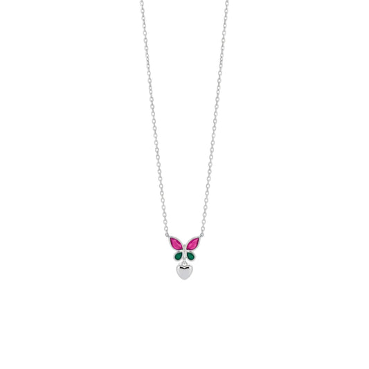Emerald And Pink Butterfly Heart Necklace in 925 Sterling Silver
