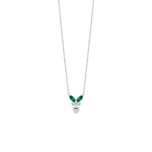 Emerald And Pink Butterfly Heart Necklace in 925 Sterling Silver