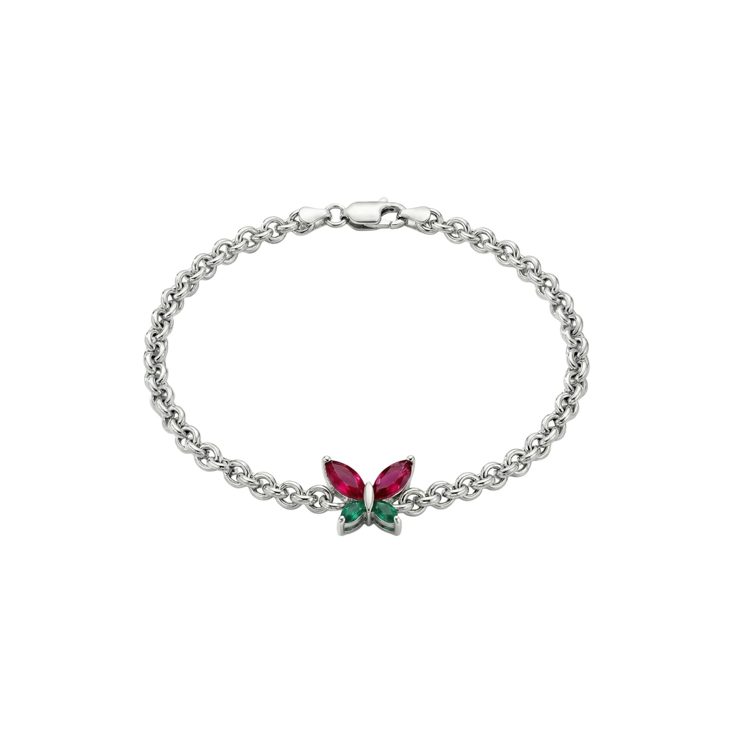 Emerald And Pink Butterfly Heart Bracelet in 925 Sterling Silver