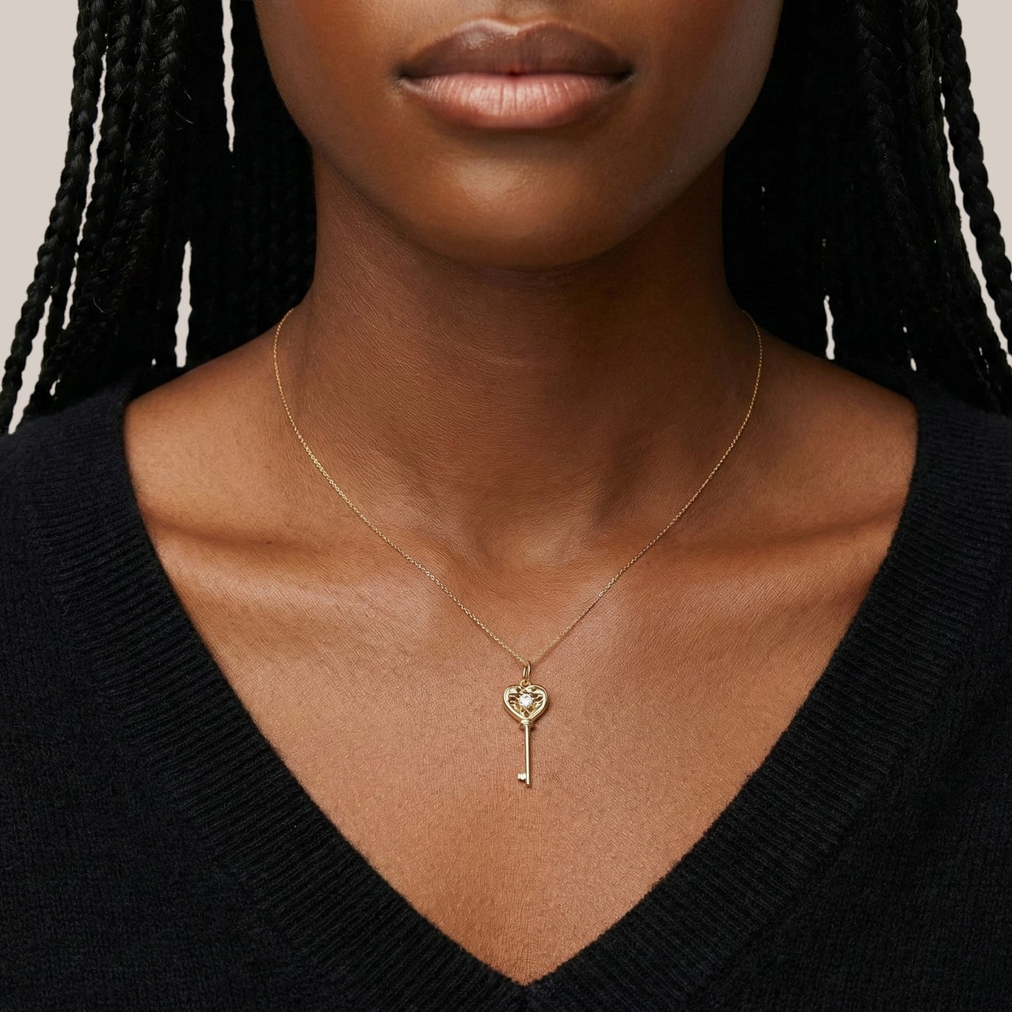 Heart Key Diamond Pendant Necklace in 18K Gold