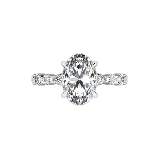 Eva 3ct Oval Cut Diamond engagement ring in 18KT gold with pear and round diamond accents