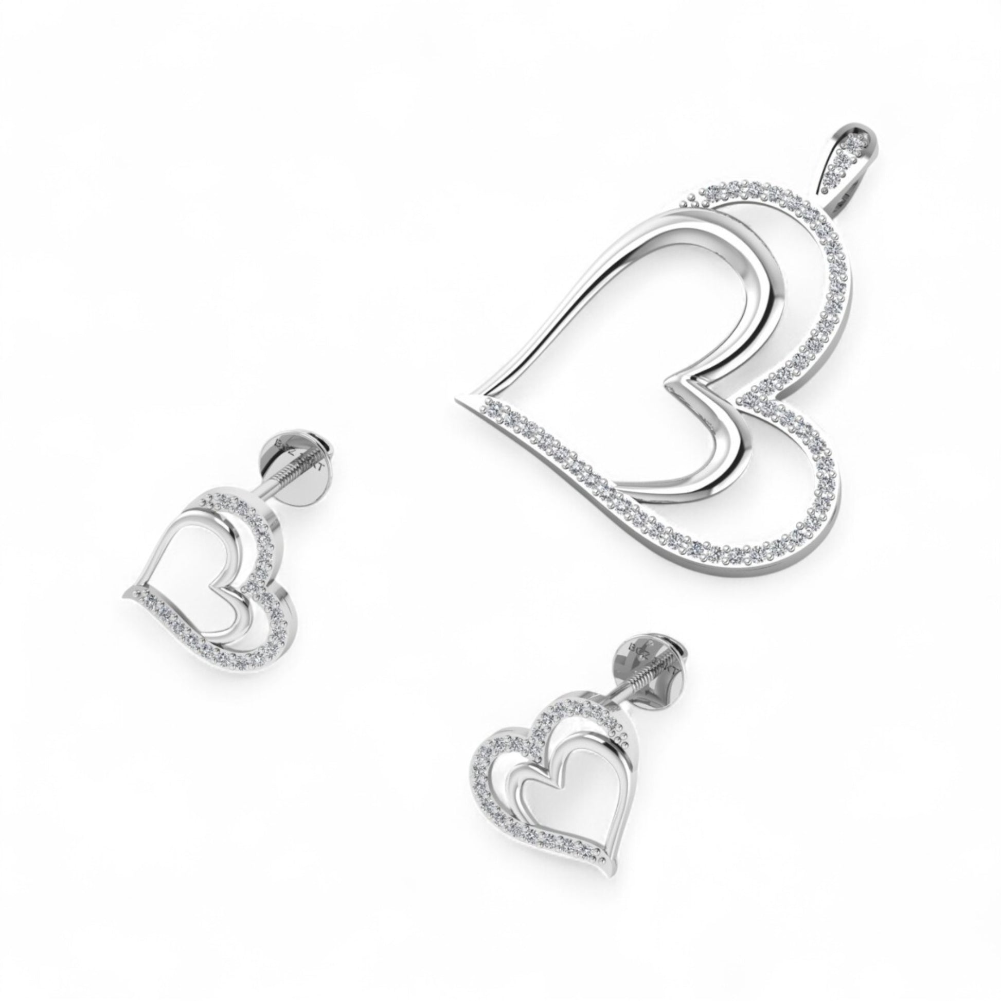 Heart-shaped silver jewelry set on a white background