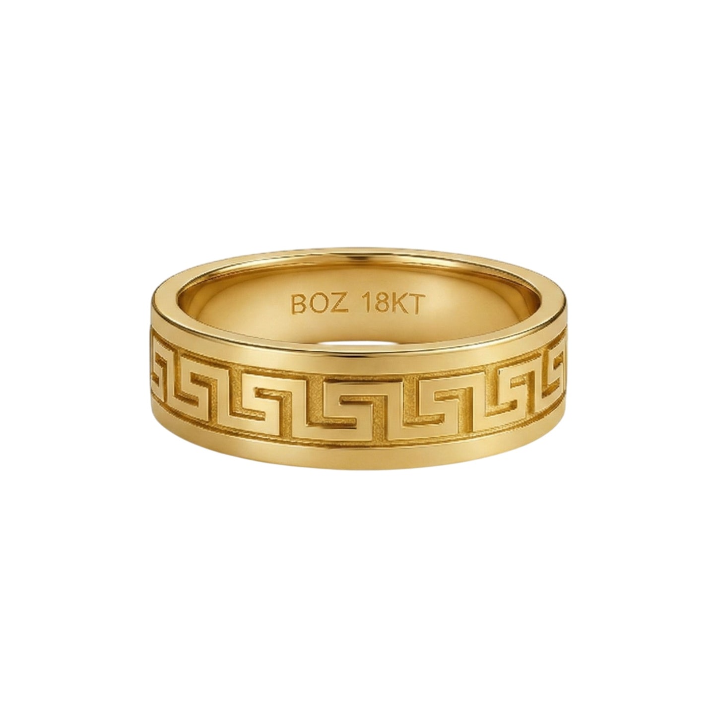 Gold ring with intricate design and 'BOZ 18KT' engraving on a white background