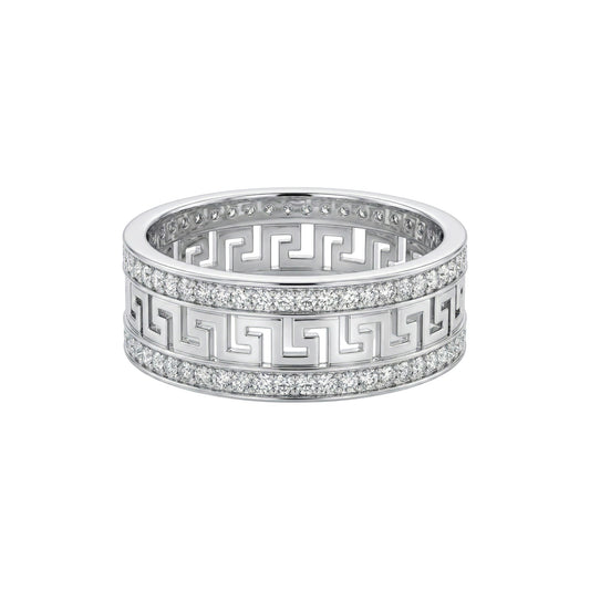 Silver ring with geometric design on a white background