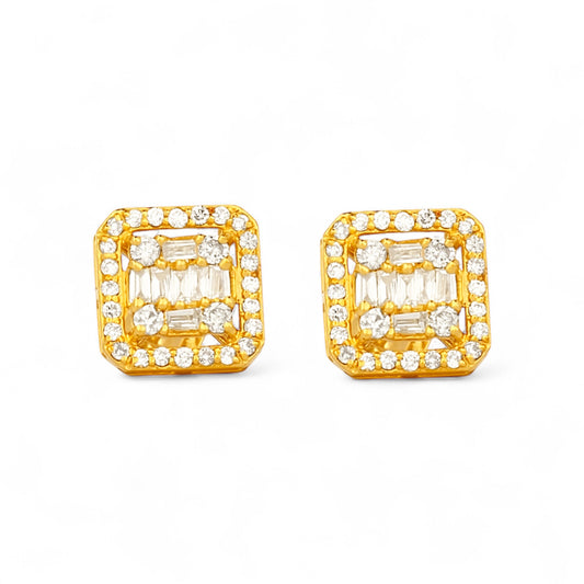 Gold square earrings with clear gemstones on a white background