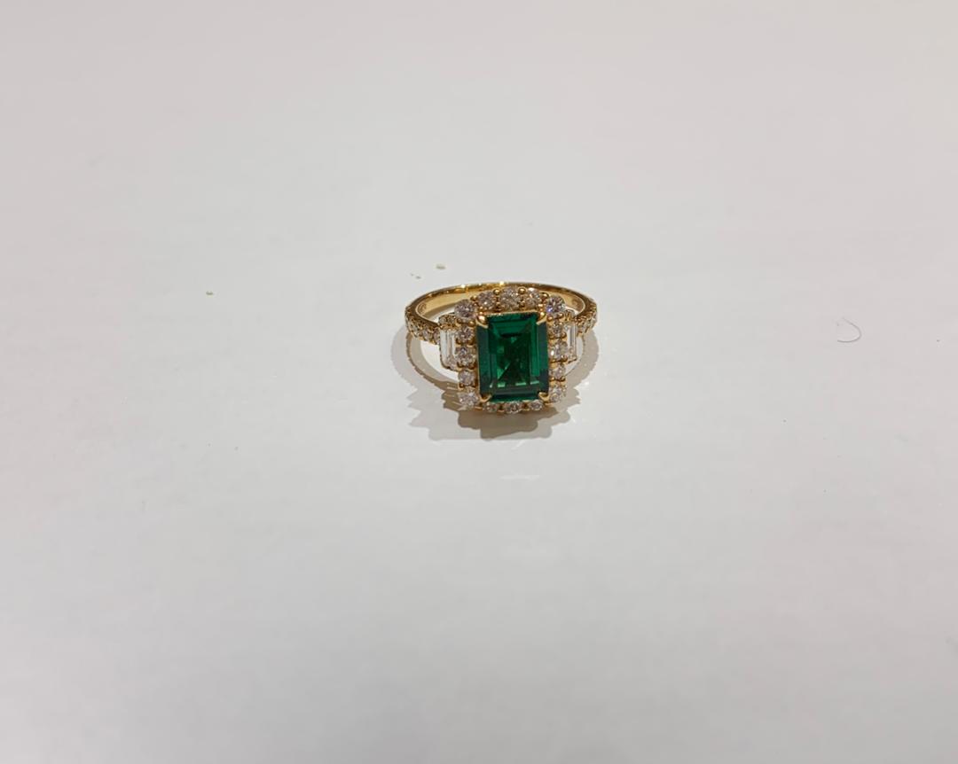 Empress Radiant Cut Lab Grown Diamond & Emerald Gemstone Engagement Ring in 18K Gold