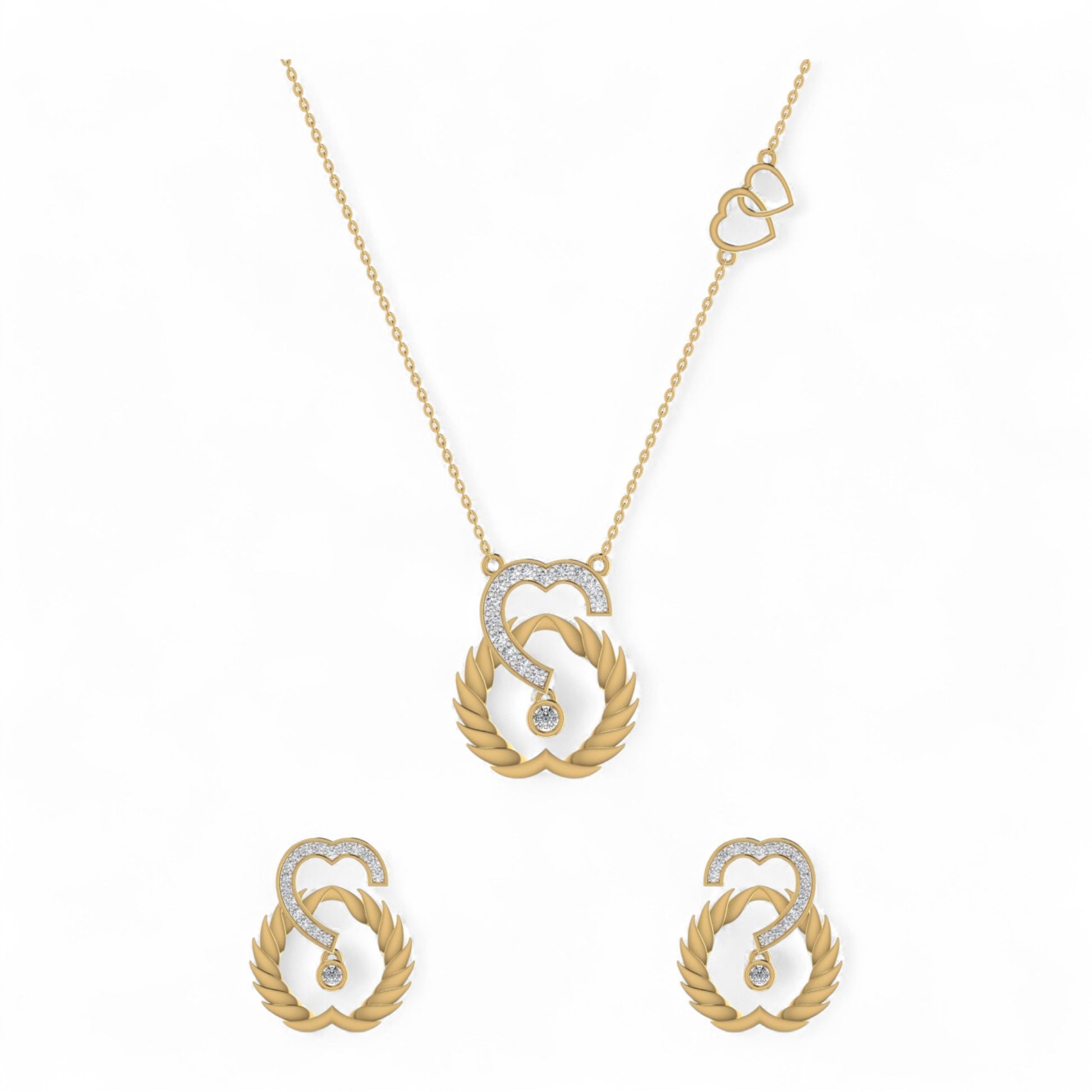 Gold necklace and earrings set on a white background
