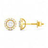 Gold earrings with clear gemstones on a white background