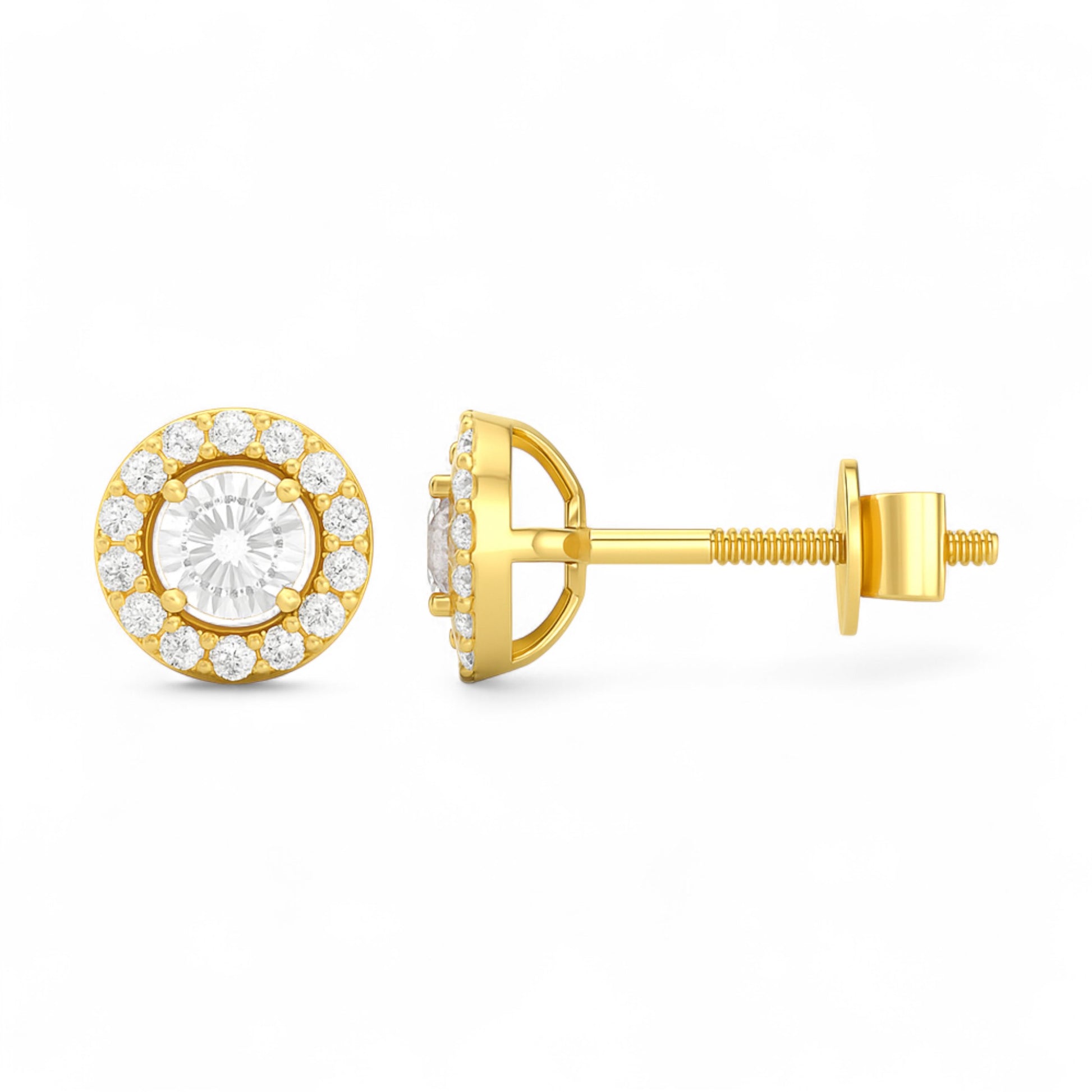 Gold earrings with clear gemstones on a white background