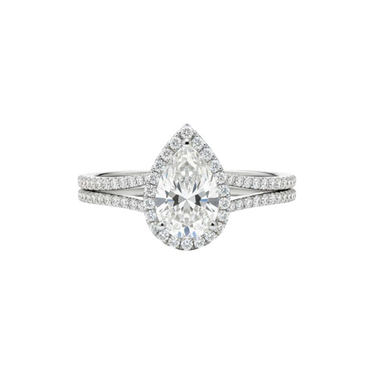 Leona Pear Cut Moissanite engagement ring in 18KT gold with pavé accents and split shank band