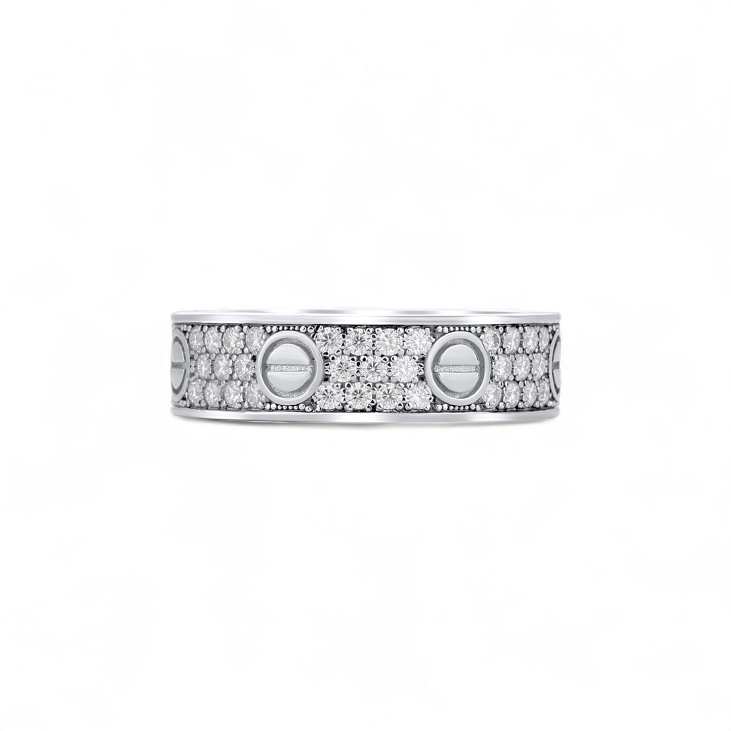 Silver ring with embedded diamonds on a white background