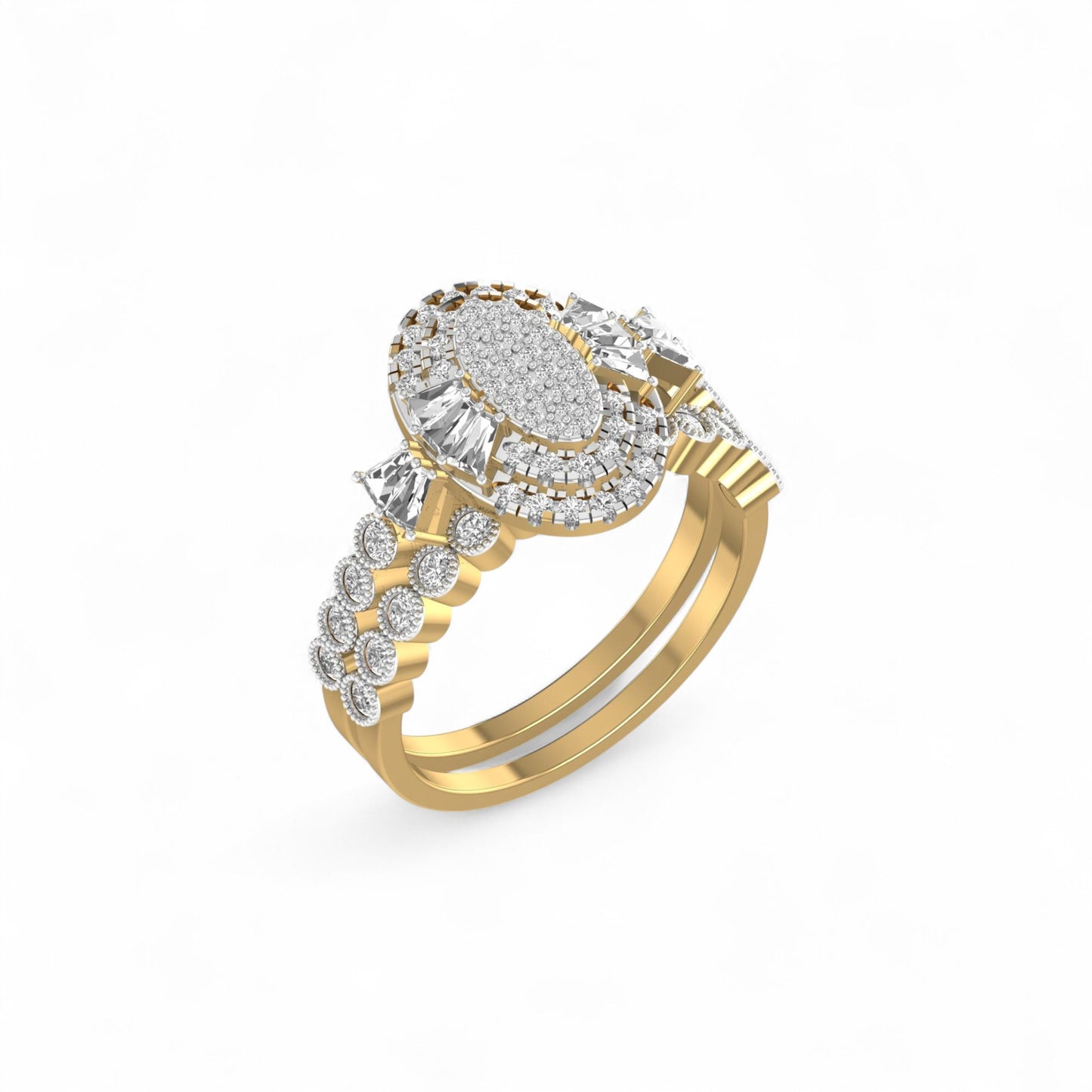 Gold and diamond ring on a white background