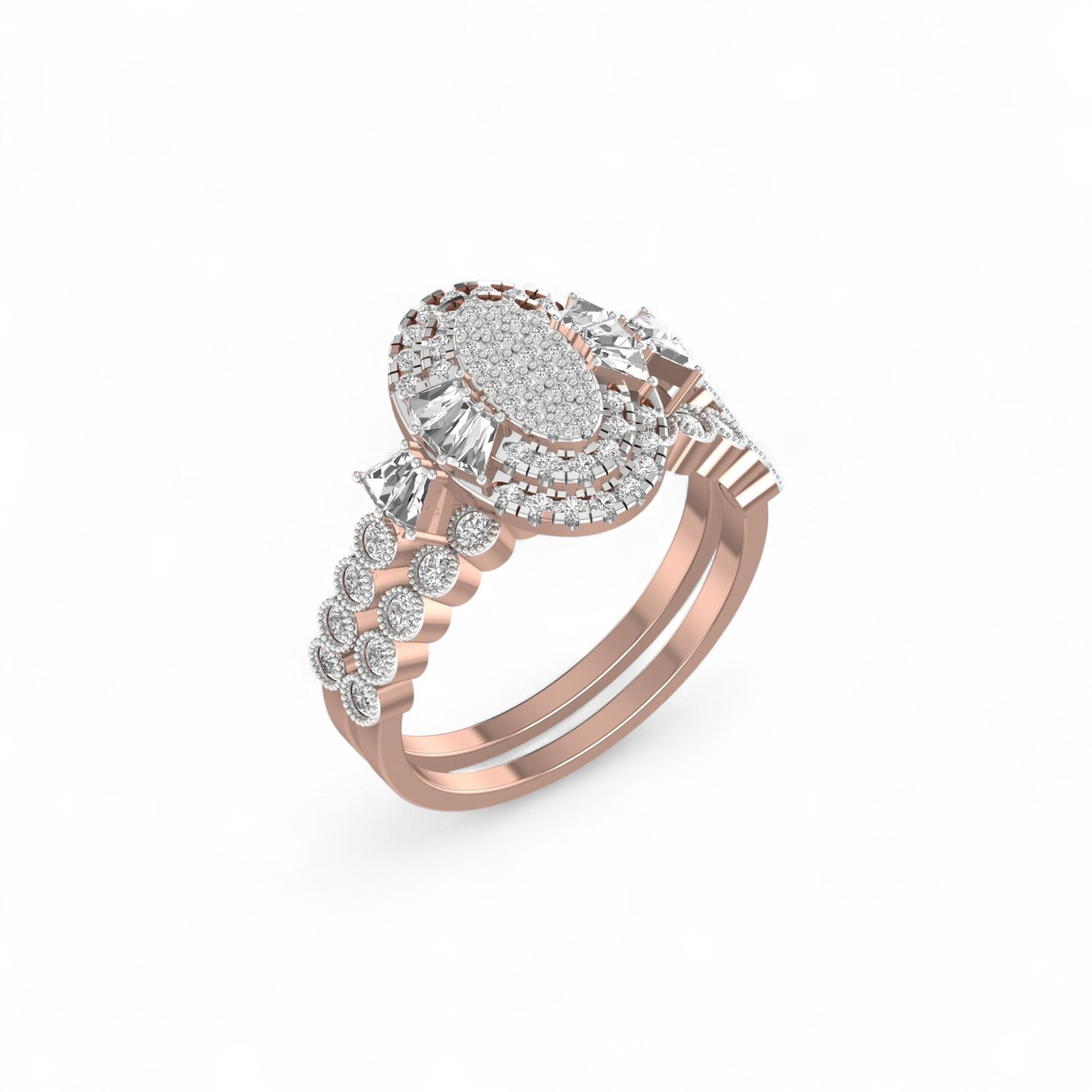 Rose gold ring with diamond accents on a white background