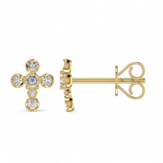 Gold cross-shaped earrings with clear gemstones on a white background