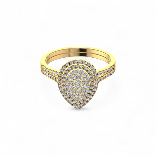 Gold ring with diamond accents on a white background