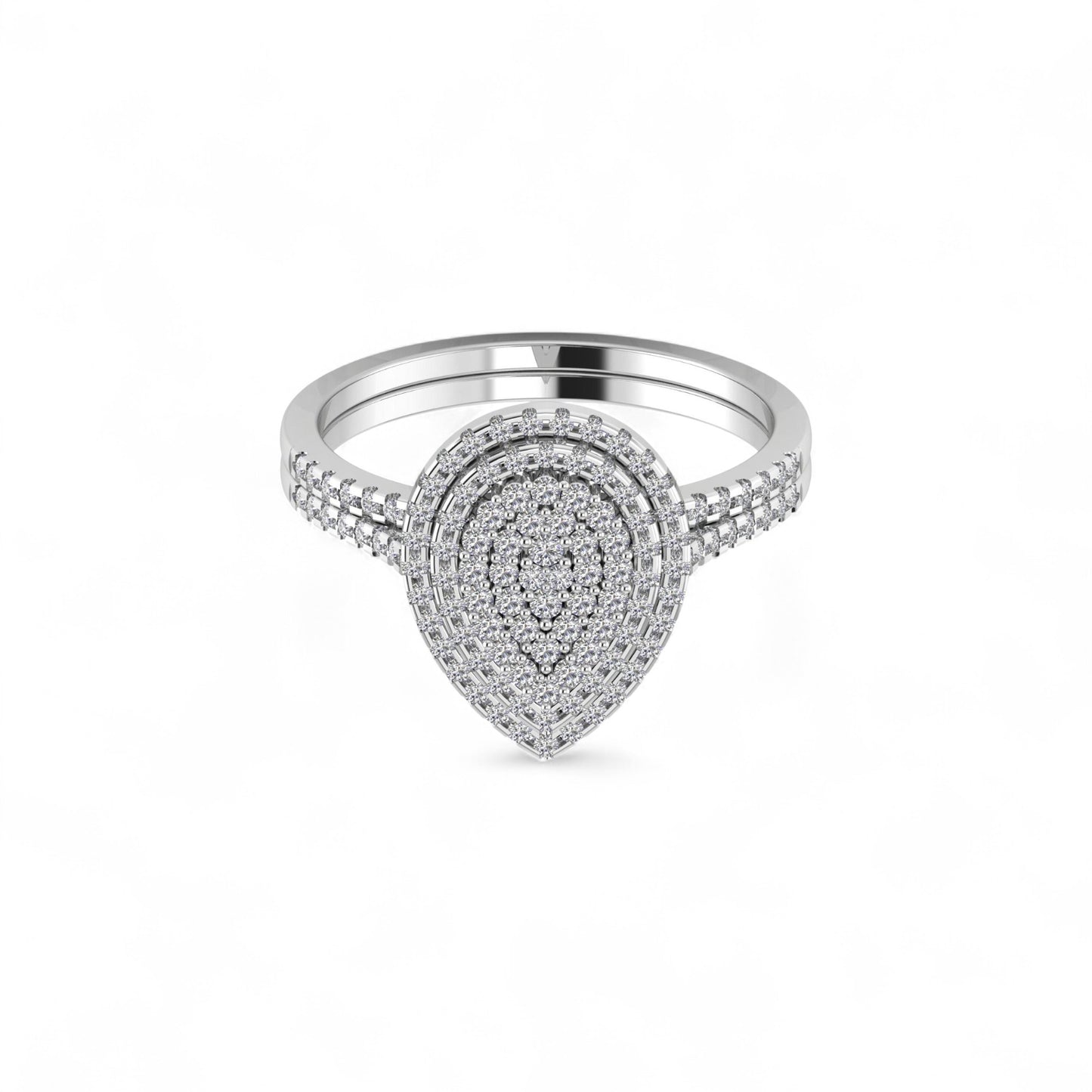 Silver ring with diamond accents on a white background