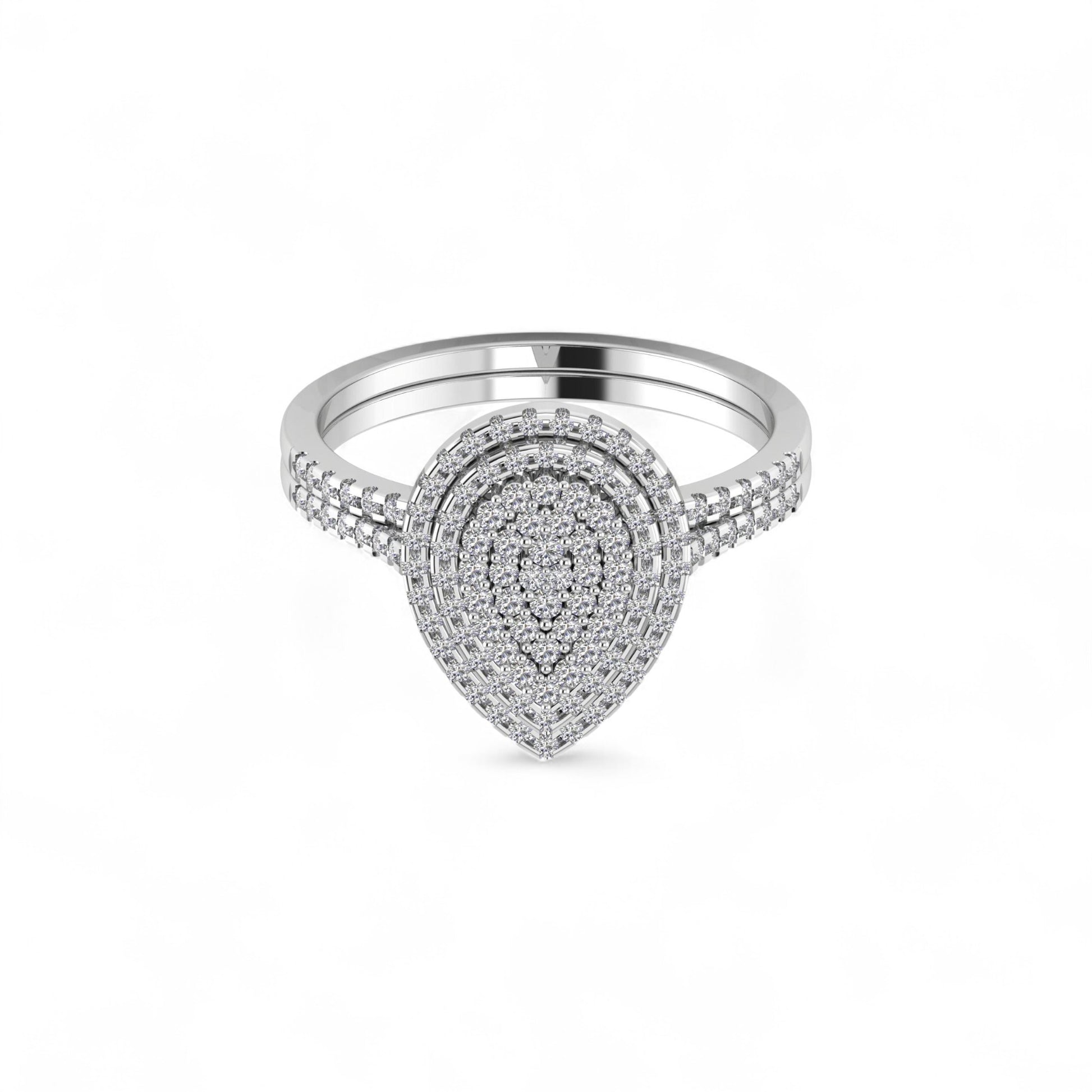 Silver ring with diamond accents on a white background