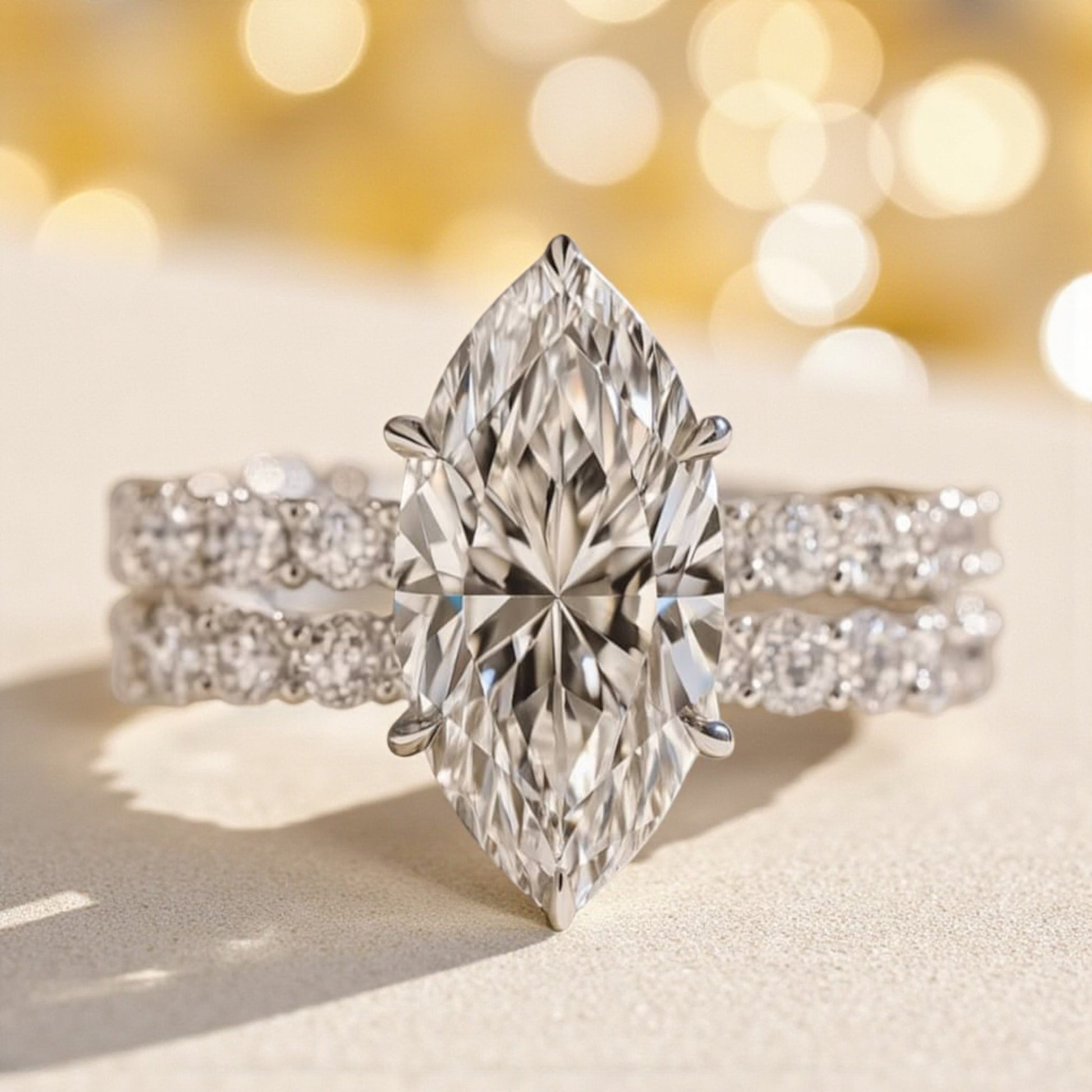 Diamond ring with a pear-shaped center stone on a blurred background