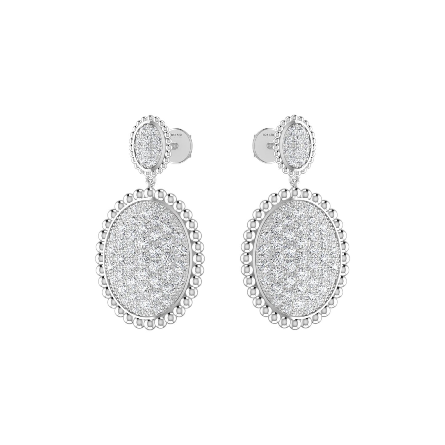 Pair of silver earrings with oval designs on a white background