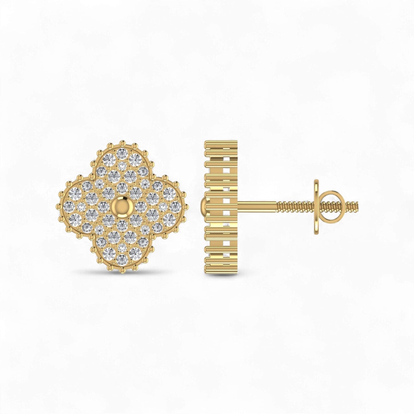 Gold earrings with diamond accents on a white background