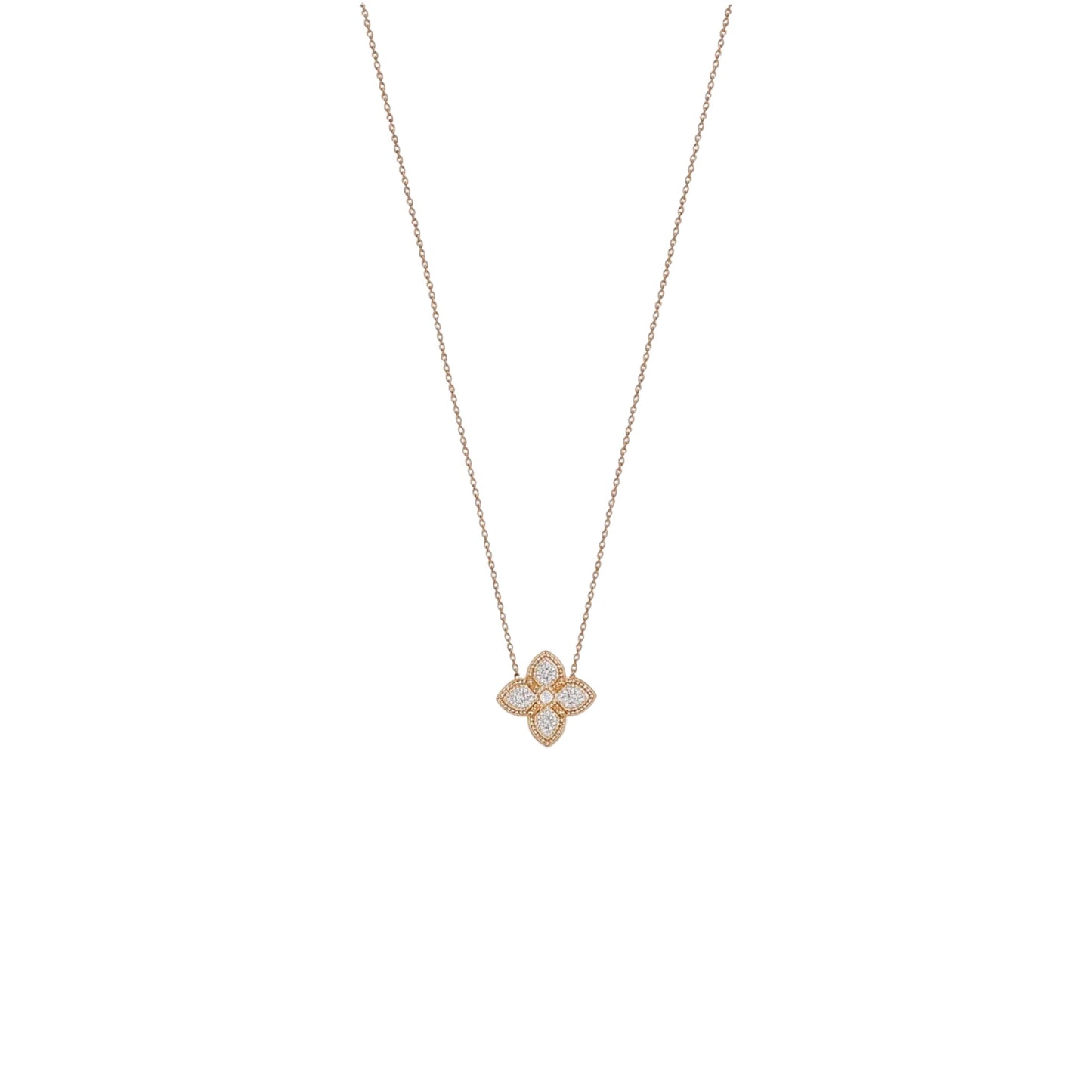 Rose gold necklace with a floral pendant on a white background