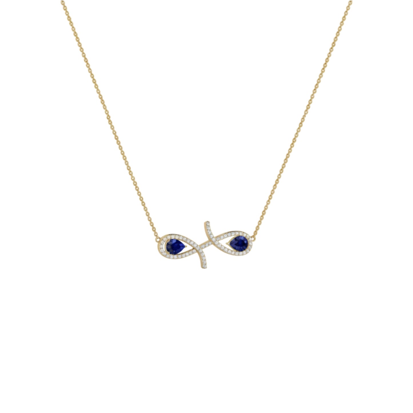Gold necklace with a fish-shaped pendant featuring blue stones on a white background
