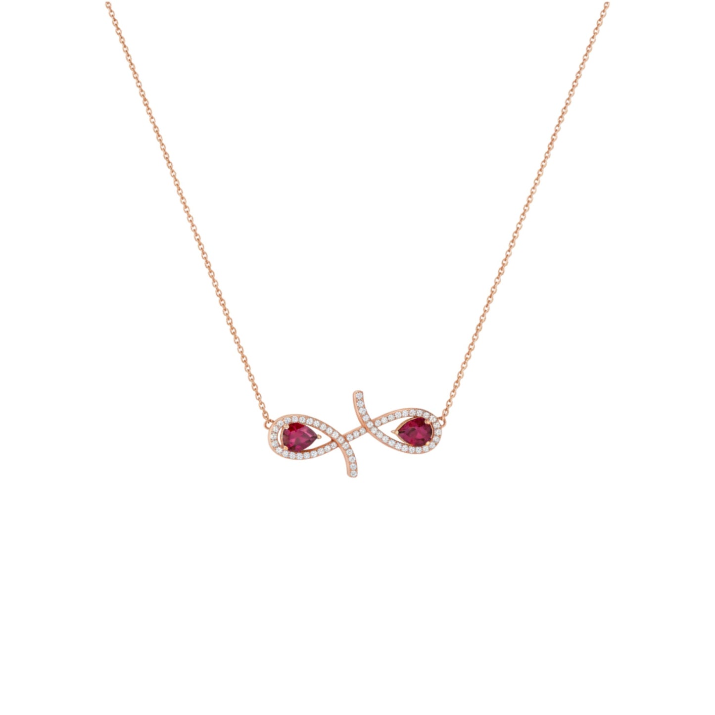Rose gold necklace with a fish-shaped pendant featuring red gemstones on a white background