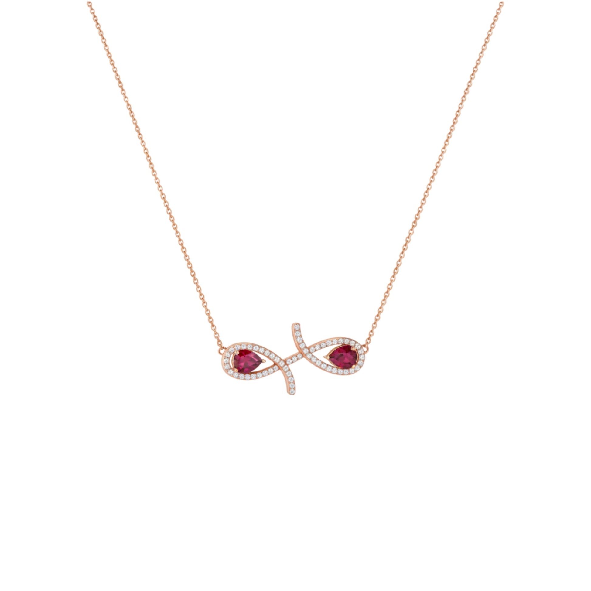 Rose gold necklace with a fish-shaped pendant featuring red gemstones on a white background