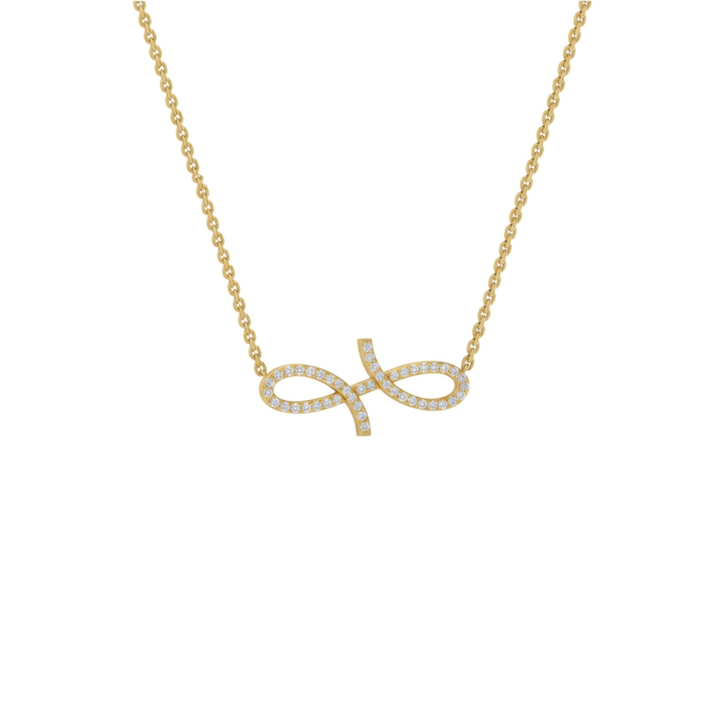 Gold necklace with a bow-shaped pendant on a white background