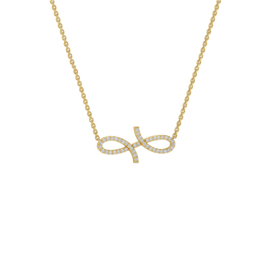 Gold necklace with a bow-shaped pendant on a white background