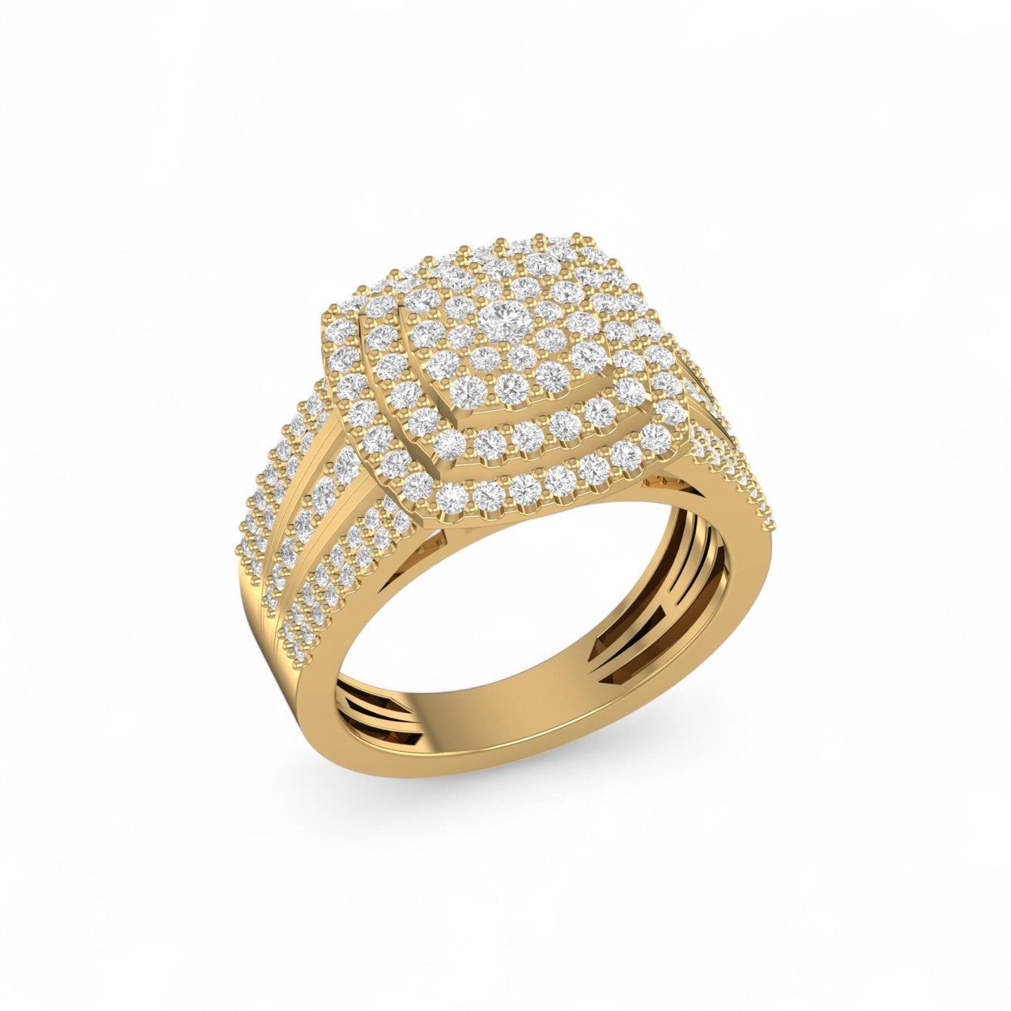 Gold ring with diamond accents on a white background