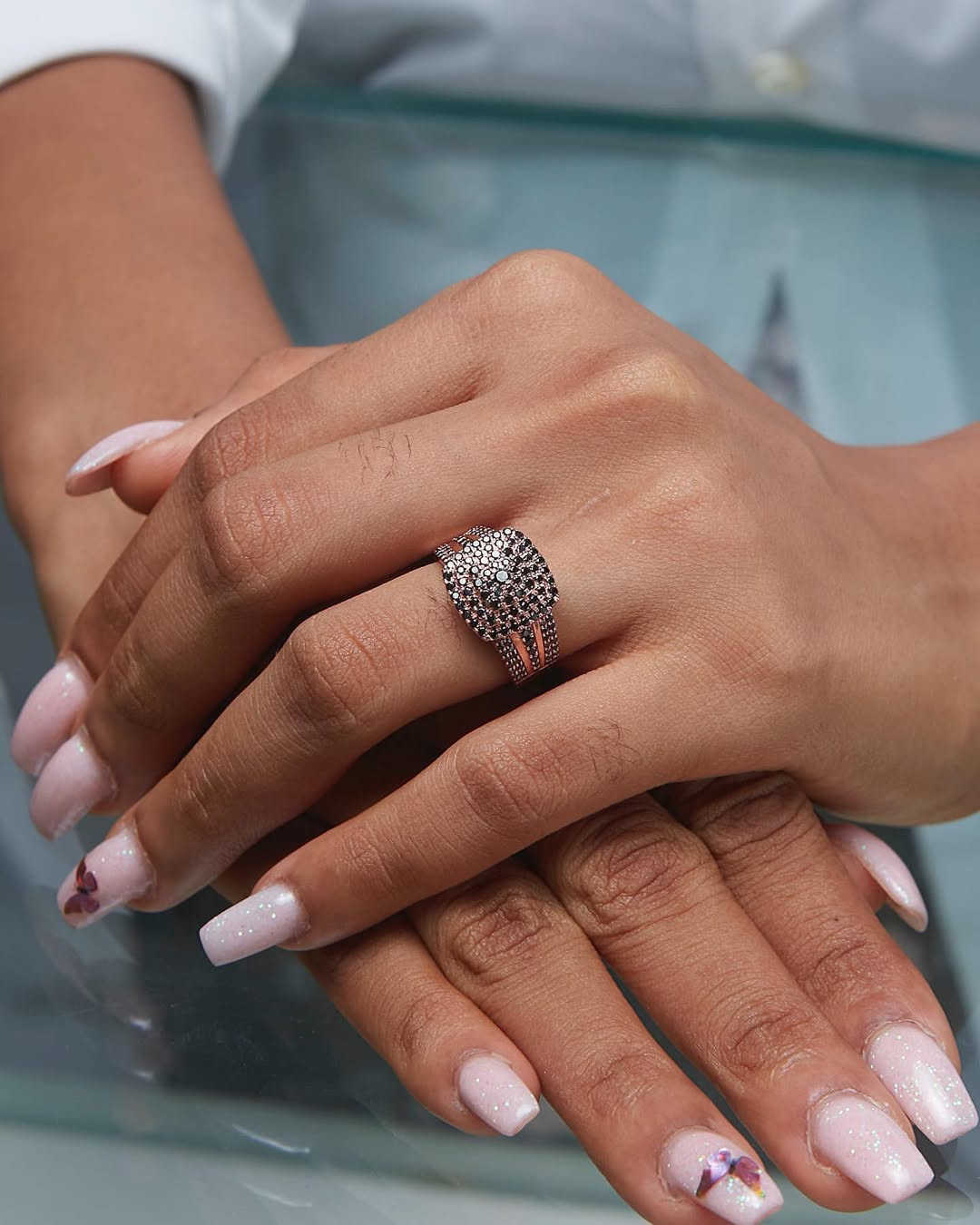 Omoni Cushion Cut Cluster Black Diamond Engagement Ring in 18KT Gold