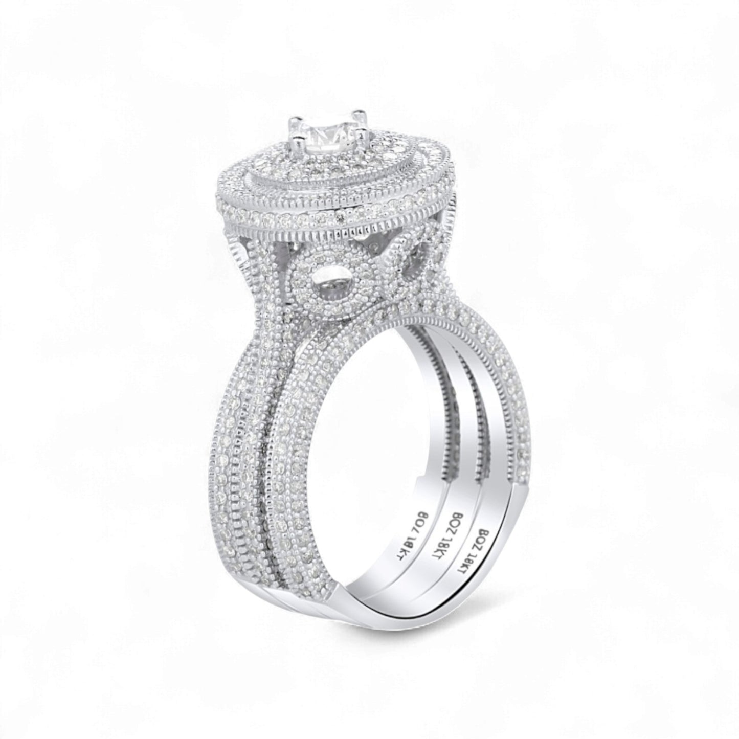 Zack Triple Halo Round Cut 3-piece Natural Diamond Bride Set in 18KT Gold