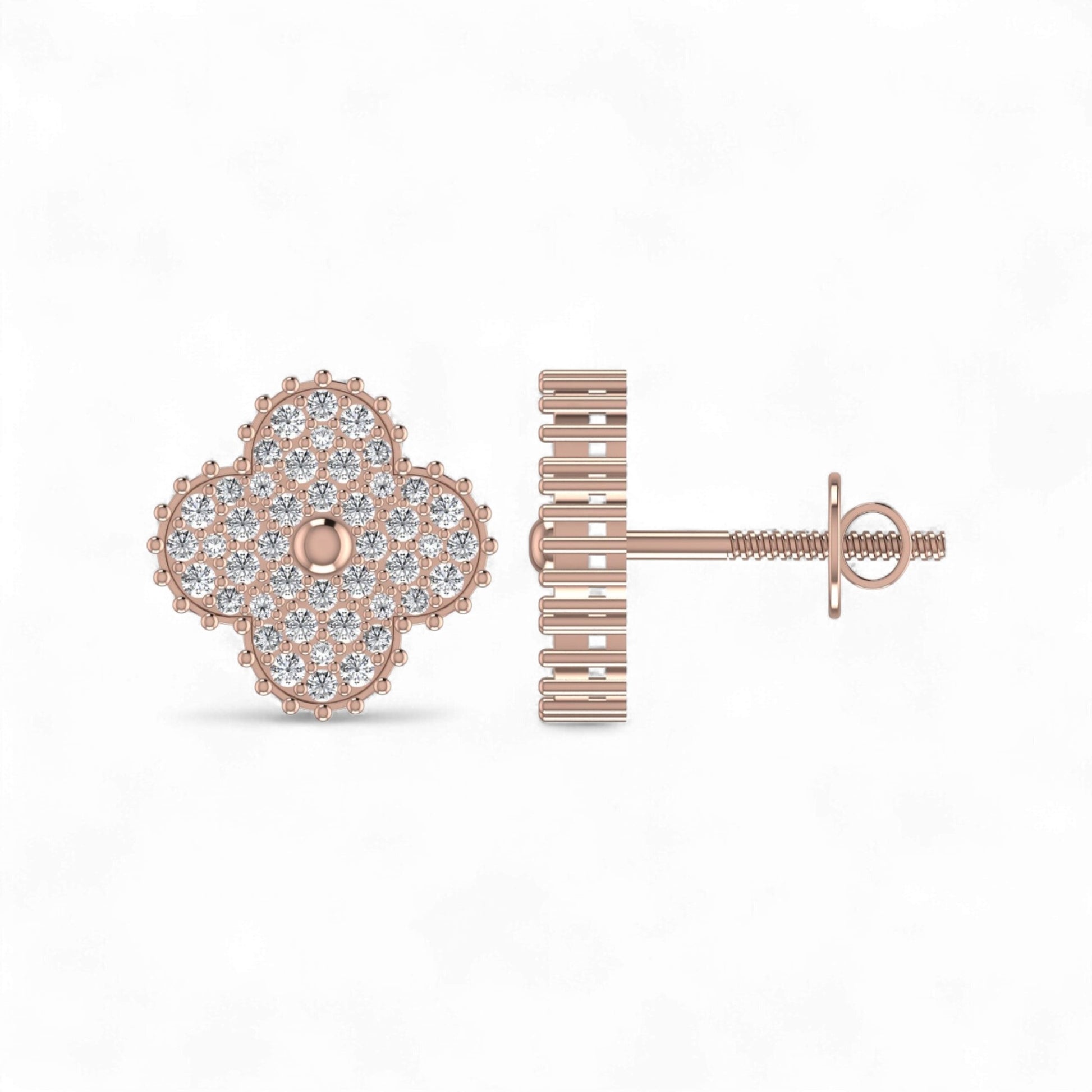 Rose gold earrings with diamond accents on a white background