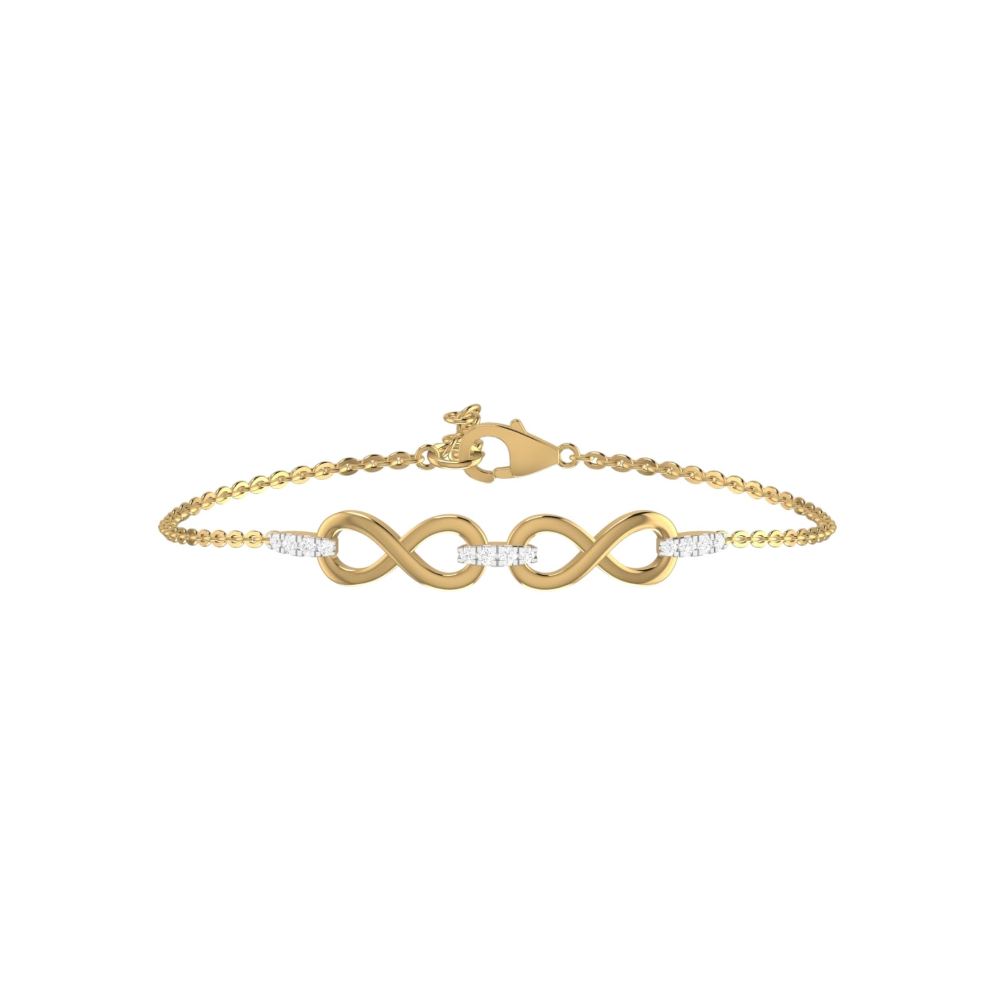 Gold bracelet with infinity symbol and small diamonds on a white background