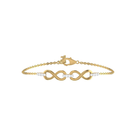 Gold bracelet with infinity symbol and small diamonds on a white background
