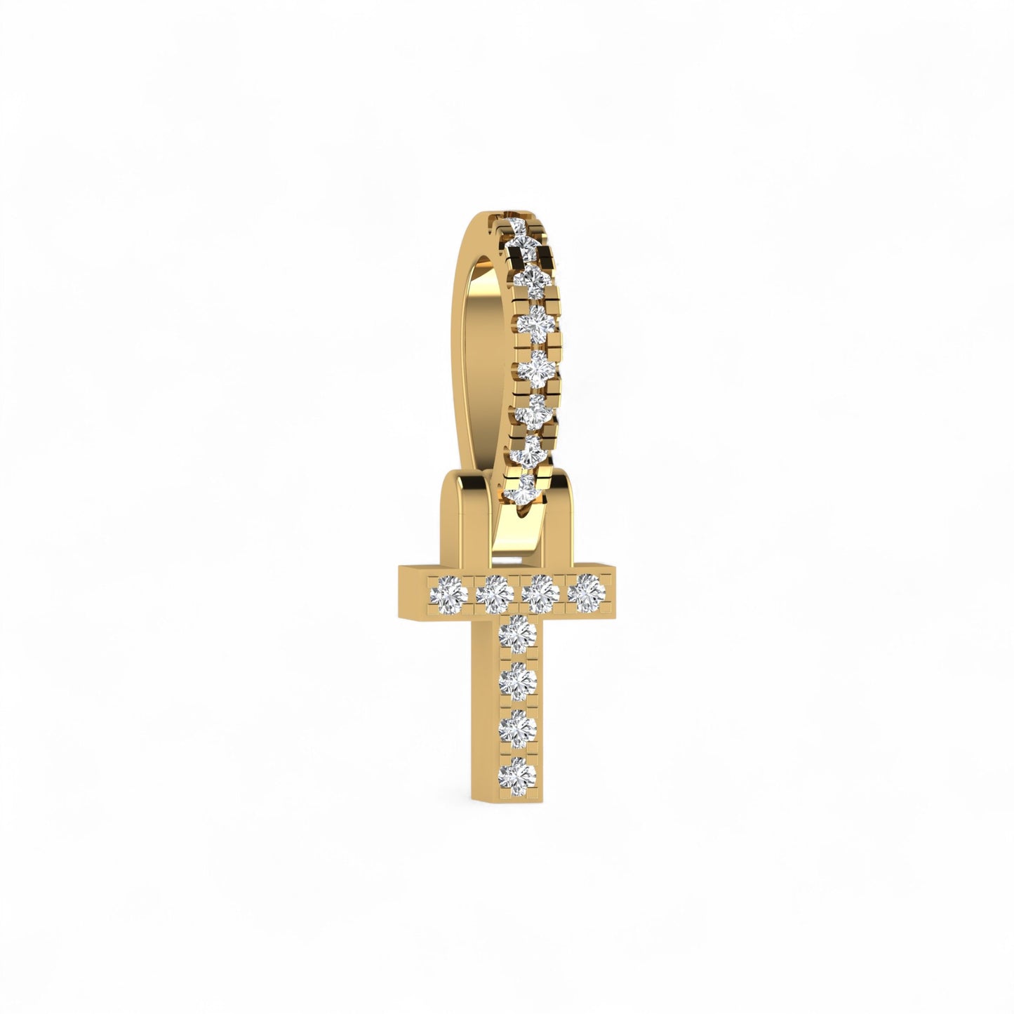 Gold cross pendant with diamonds on a white background