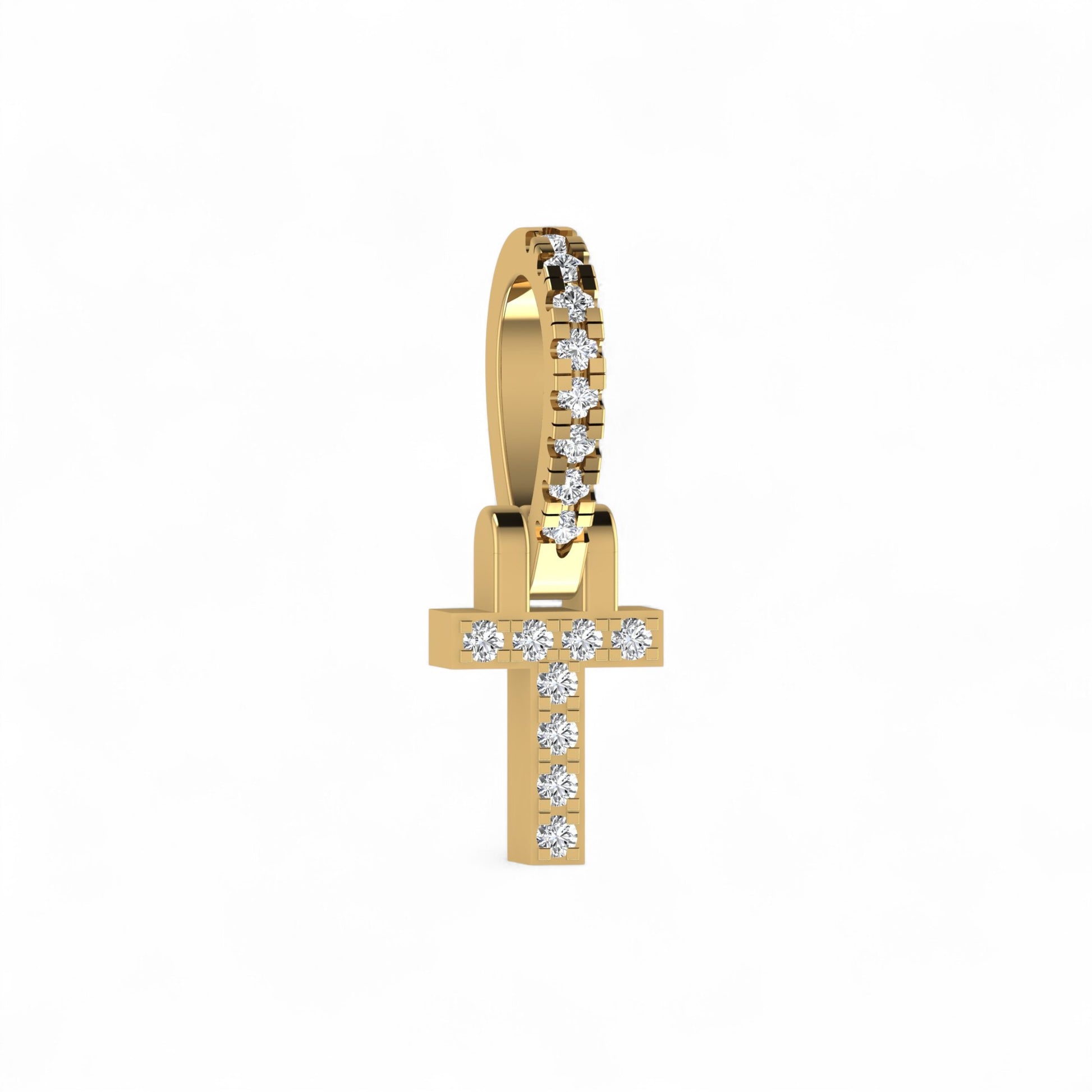 Gold cross pendant with diamonds on a white background