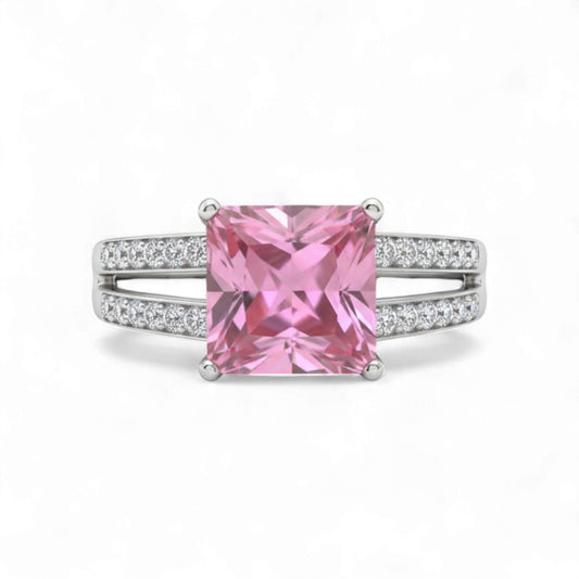 Pink Princess cut CZ Engagement Ring in 925 Sterling Silver