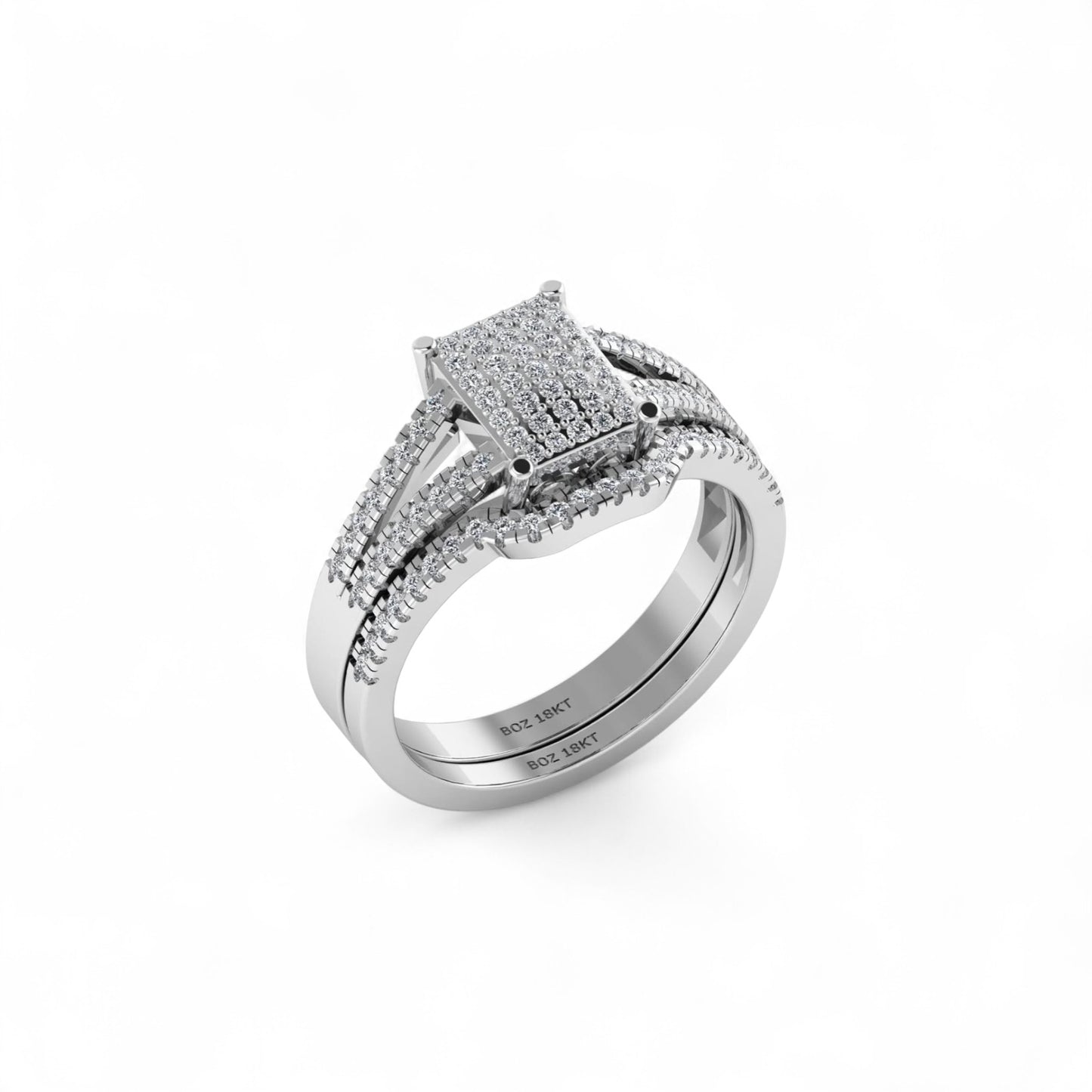 Silver ring with diamond accents on a white background