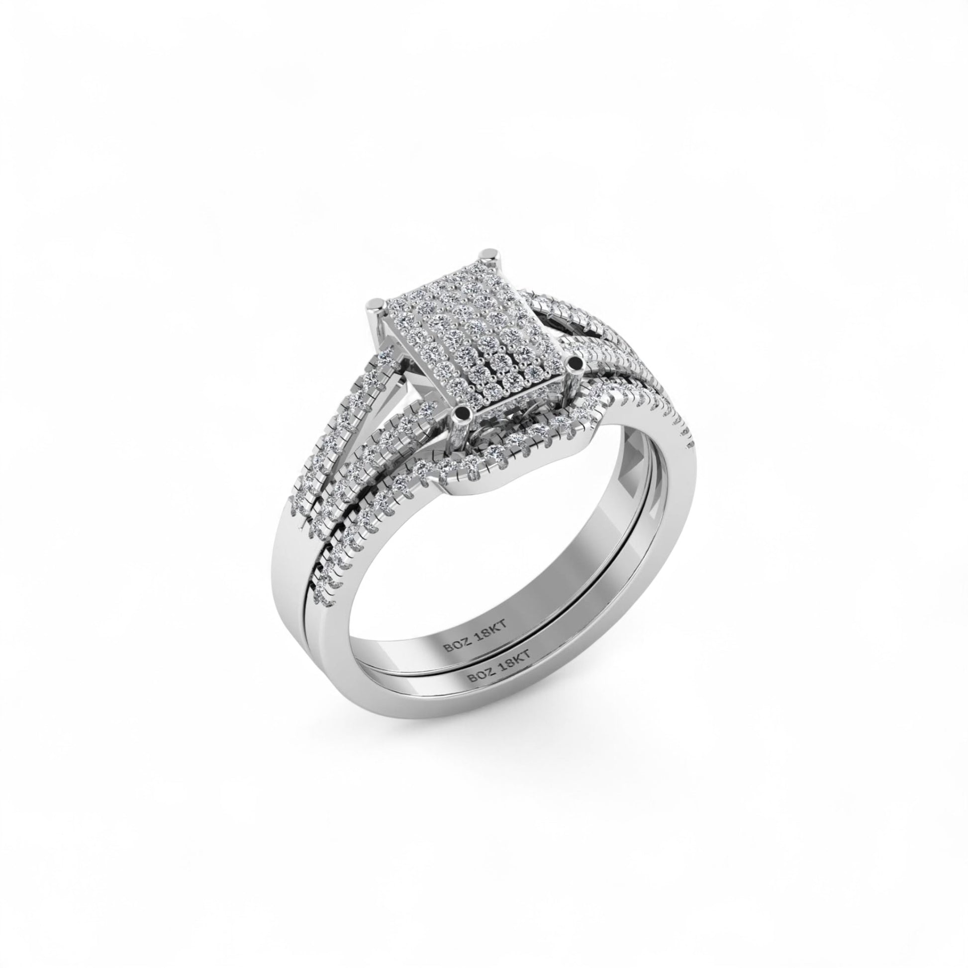 Silver ring with diamond accents on a white background