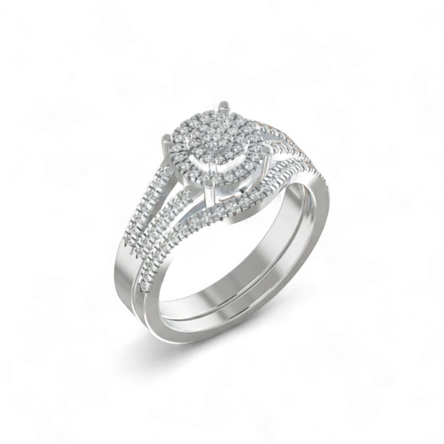 Silver ring with diamond accents on a white background